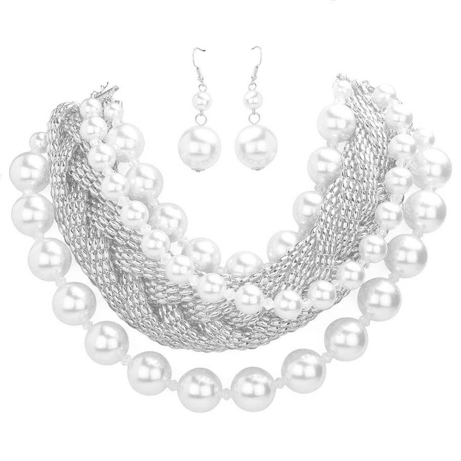 Bold Metal Braided Triple Layered Pearl Necklace - Madeline Love - Flyclothing LLC