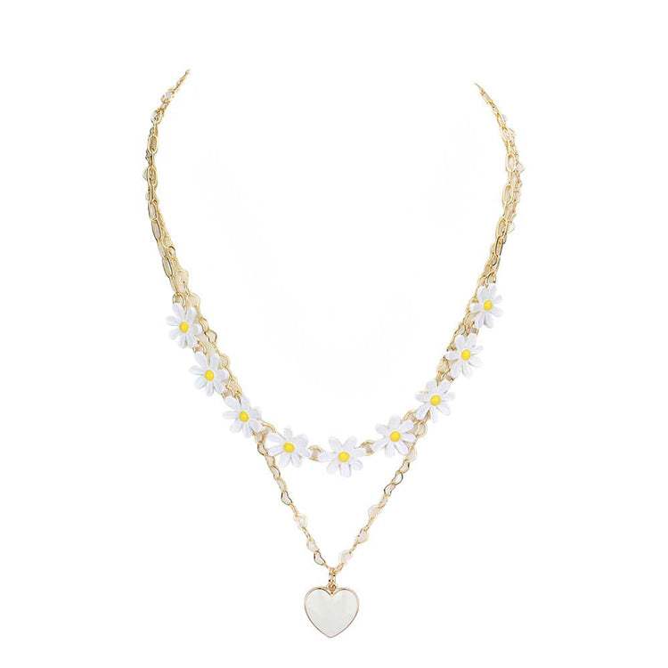 Enamel Heart Pendant Flower Link Double Layered Necklace - Madeline Love - Flyclothing LLC