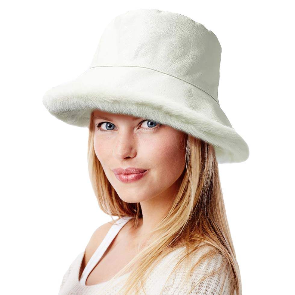 Faux Fur Inside Brim Solid Bucket Hat - Madeline Love - Flyclothing LLC