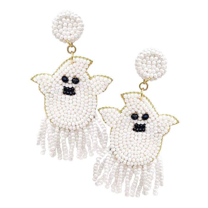 Felt Back Seed Beaded Ghost Dangle Earrings - Madeline Love - Flyclothing LLC
