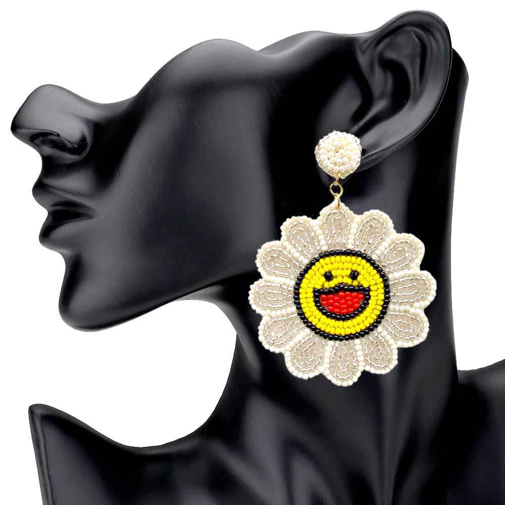 Felt Back Seed Beaded Smile Flower Dangle Earrings - Madeline Love - Flyclothing LLC