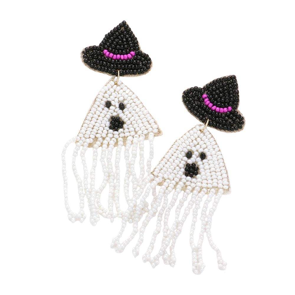 Felt Back Seed Beaded Witch Hat Ghost Fringe Dangle Earrings - Madeline Love - Flyclothing LLC
