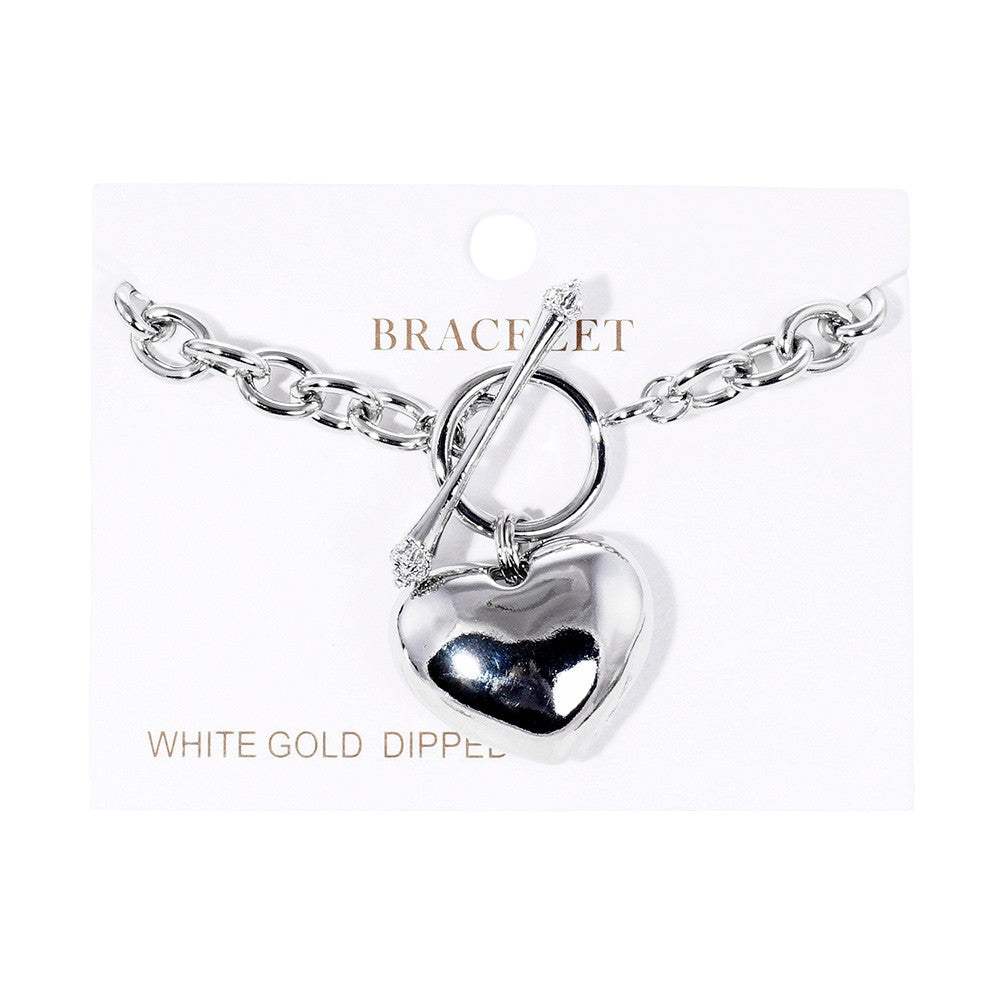 White Gold Dipped Metal Heart Charm Toggle Bracelet - Madeline Love - Flyclothing LLC