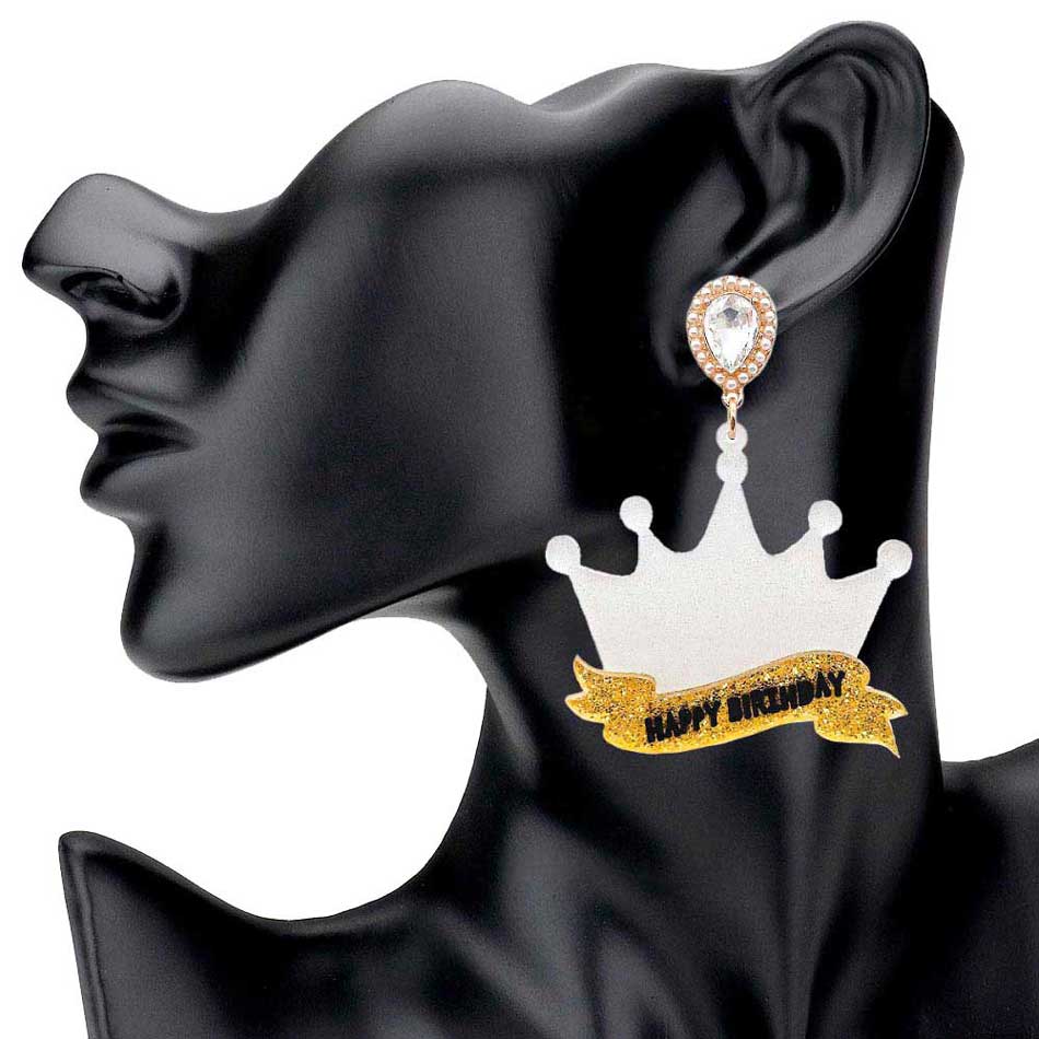 Happy Birthday Glittered Resin Crown Dangle Earrings - Madeline Love - Flyclothing LLC