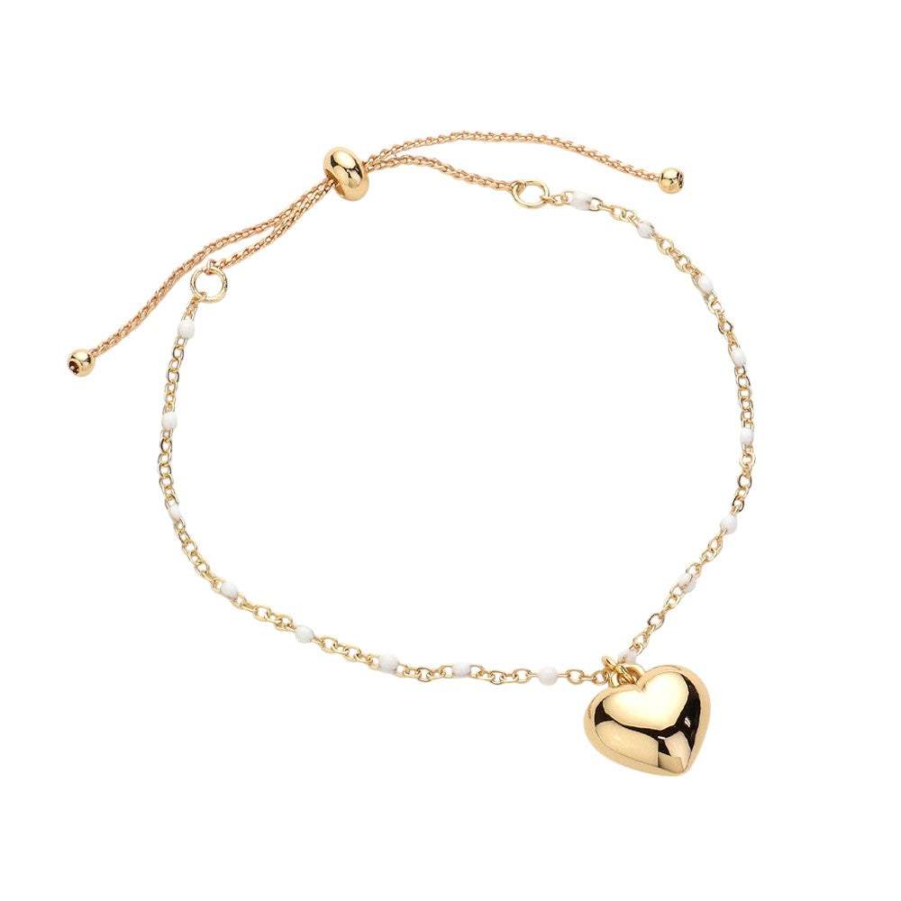 Metal Heart Charm Beads Station Pull Tie Cinch Bracelet - Madeline Love - Flyclothing LLC