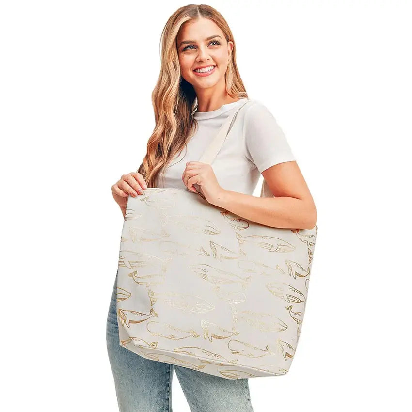 Metallic Whale Beach Tote Bag - Madeline Love - Flyclothing LLC