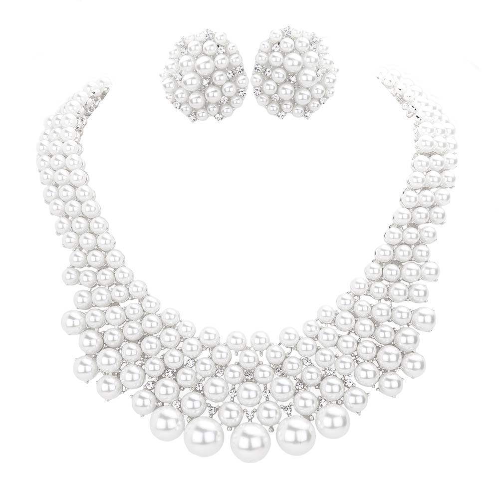 Rhinestone Embellished Pearl Cluster Necklace - Madeline Love - Flyclothing LLC