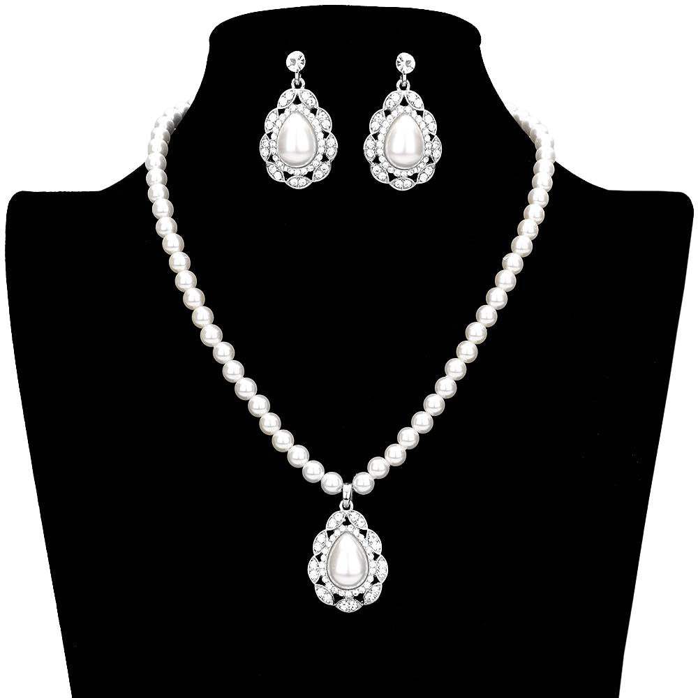 Rhinestone Embellished Teardrop Pearl Accented Necklace - Madeline Love - Flyclothing LLC