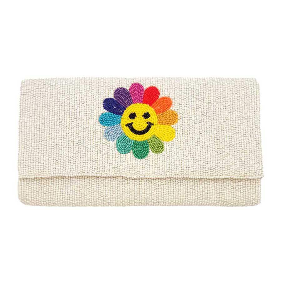 Smile Flower Accented Seed Beaded Clutch Crossbody Bag - Madeline Love - Flyclothing LLC