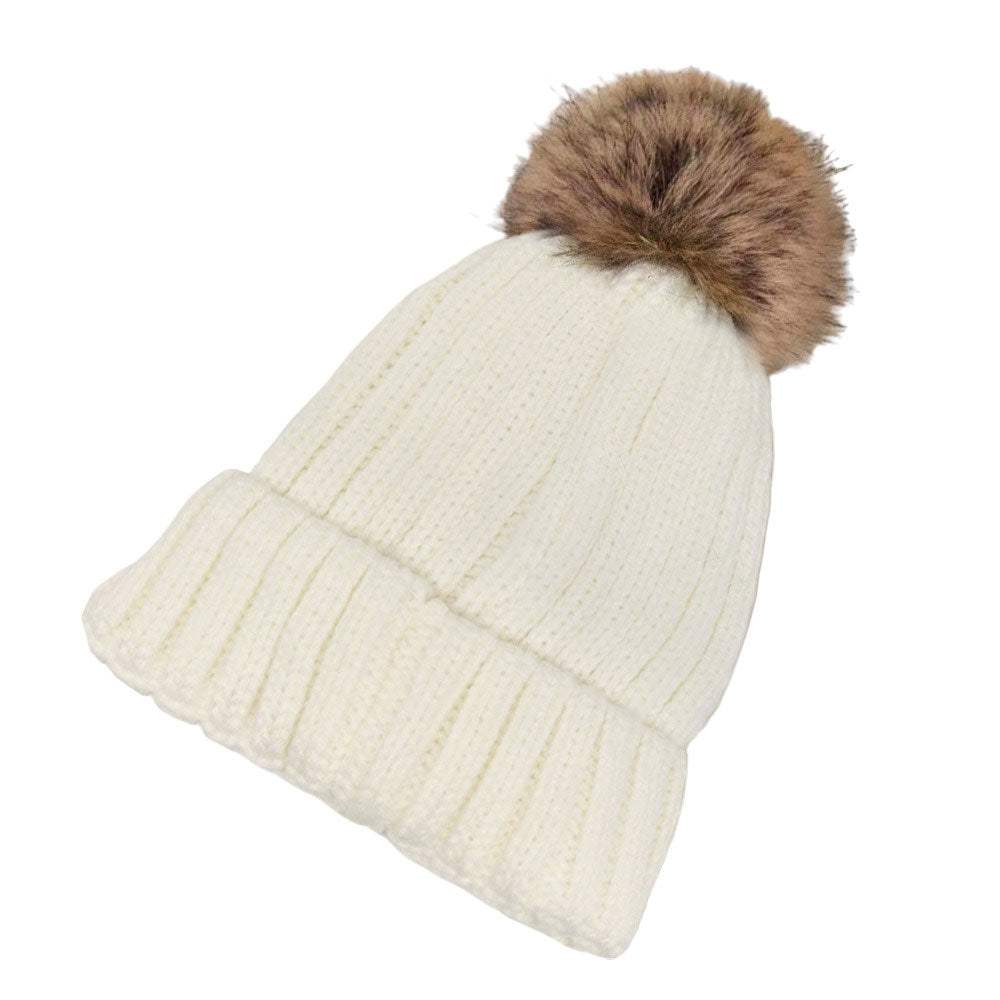Solid Knit Faux Fur Pom Pom Beanie Hat - Madeline Love - Flyclothing LLC