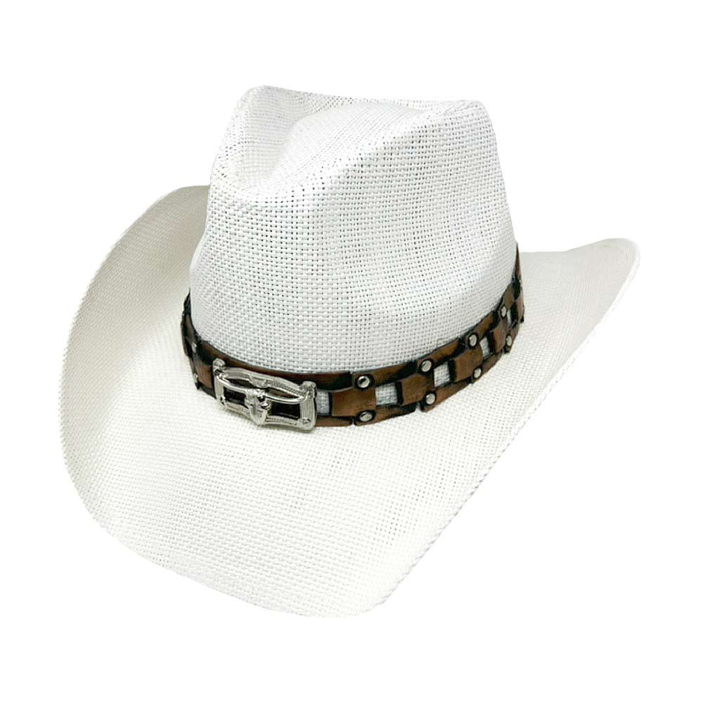 Steer Head Accented Faux Leather Band Straw Cowboy Hat - Madeline Love - Flyclothing LLC