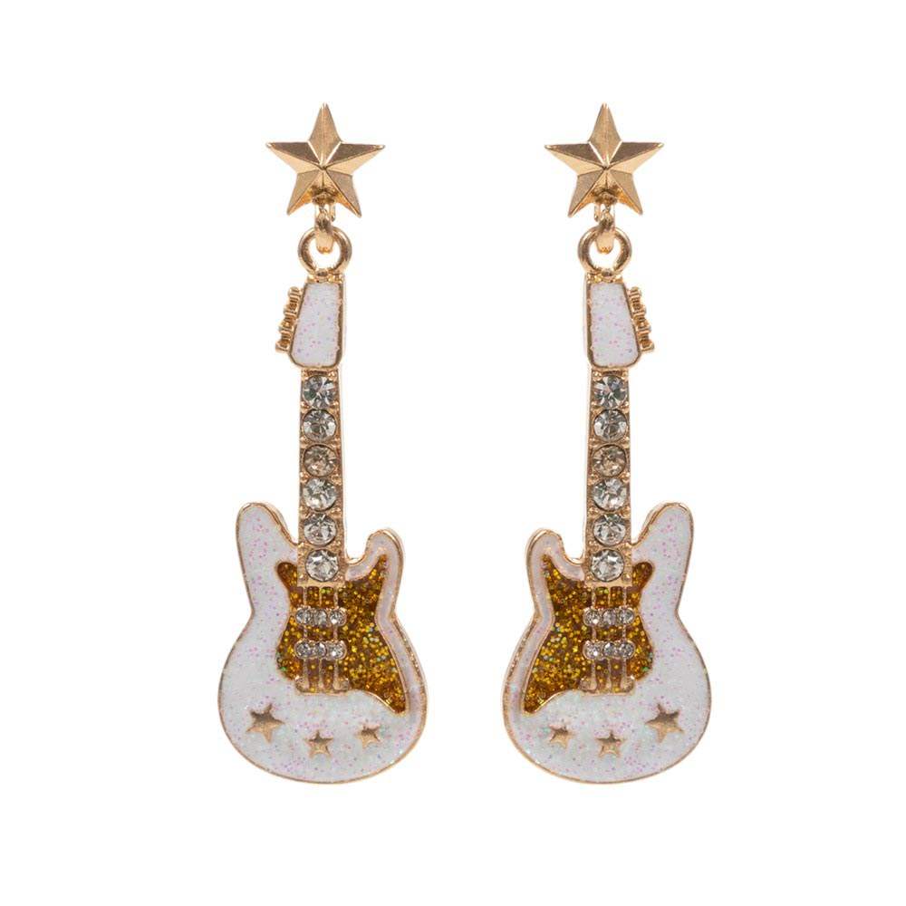 Stone Embellished Glittered Enamel Guitar Dangle Earrings - Madeline Love - Flyclothing LLC