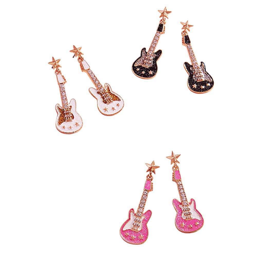 Stone Embellished Glittered Enamel Guitar Dangle Earrings - Madeline Love - Flyclothing LLC
