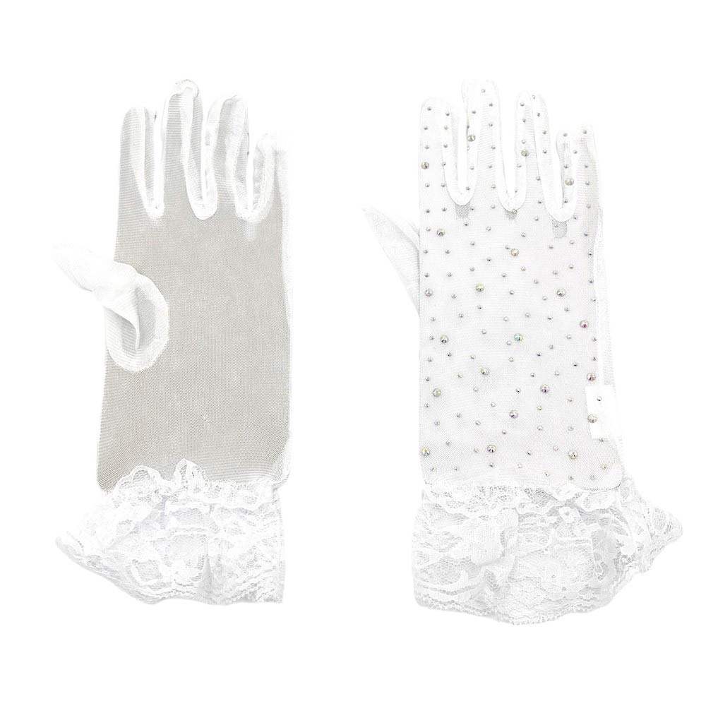 Stone Embellished Lace Cuff Mesh Dressy Wedding Gloves - Madeline Love - Flyclothing LLC