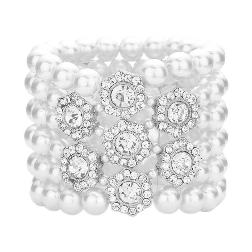 Stone Embellished Multi Layered Pearl Stretch Bracelet - Madeline Love - Flyclothing LLC
