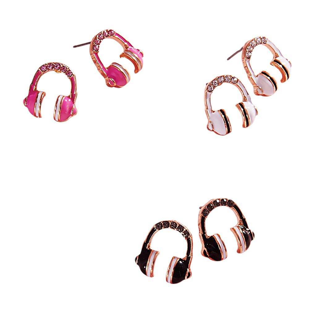 Stone Paved Enamel Headphone Stud Earrings - Madeline Love - Flyclothing LLC