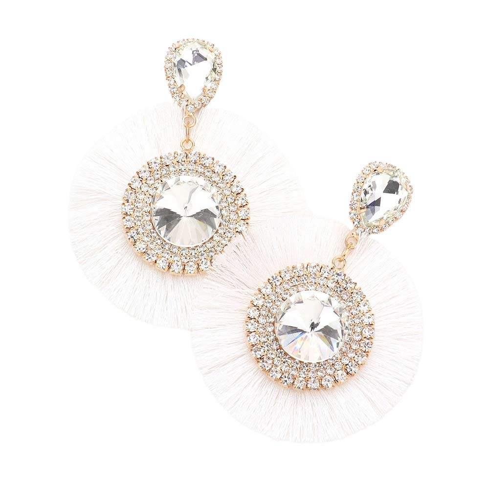 Teardrop Round Stone Accented Tassel Fringe Dangle Earrings - Madeline Love - Flyclothing LLC