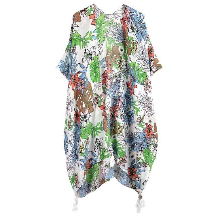 Tropical Leaf Flower Printed Cover Up Kimono Poncho - Madeline Love - Flyclothing LLC