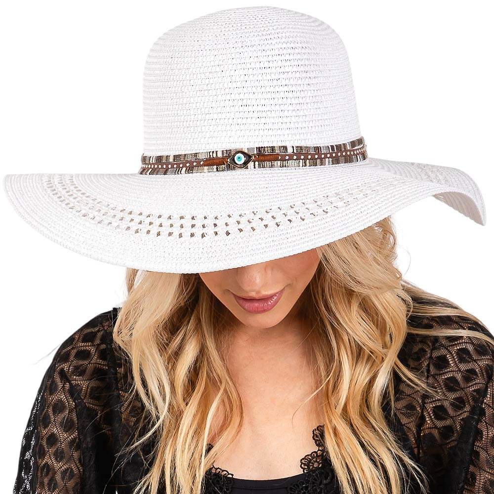Wide Brim Straw Sun Hat with Evil Eye and Multi Design Band - Madeline Love - Flyclothing LLC