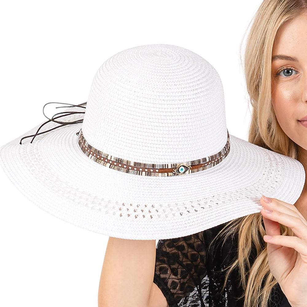 Wide Brim Straw Sun Hat with Evil Eye and Multi Design Band - Madeline Love - Flyclothing LLC