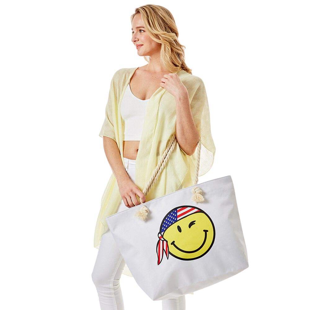 Smile Face With USA Bandana Print Beach Tote Bag - Madeline Love - Flyclothing LLC