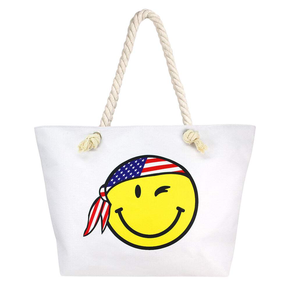 Smile Face With USA Bandana Print Beach Tote Bag - Madeline Love - Flyclothing LLC