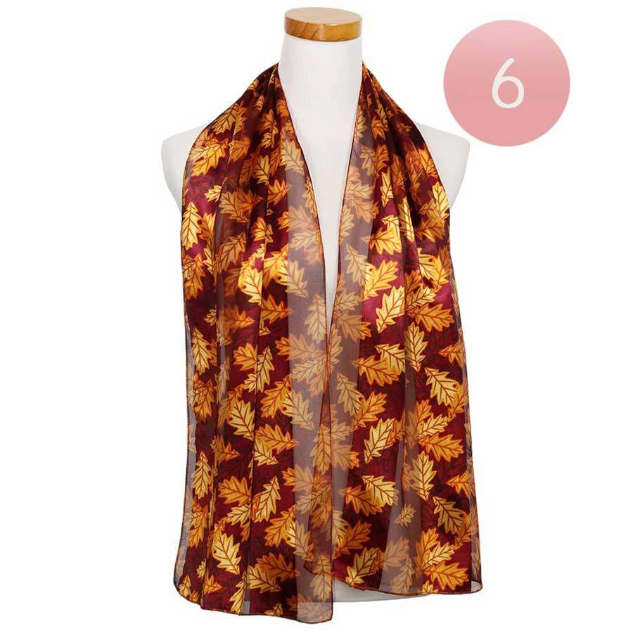 6PCS Silk Feel Striped Leaf Print Scarf - Madeline Love - Flyclothing LLC