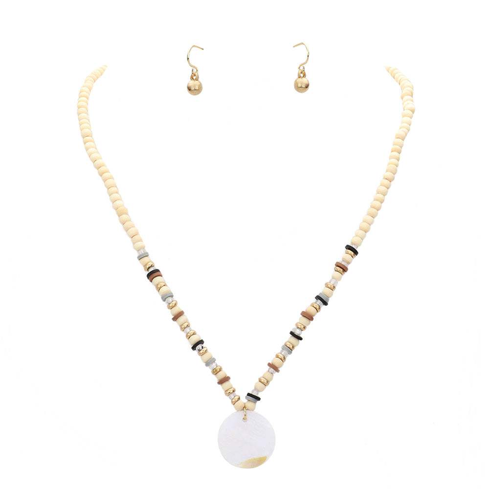 Wood Heishi Beaded Abalone Pendant Necklace - Madeline Love - Flyclothing LLC