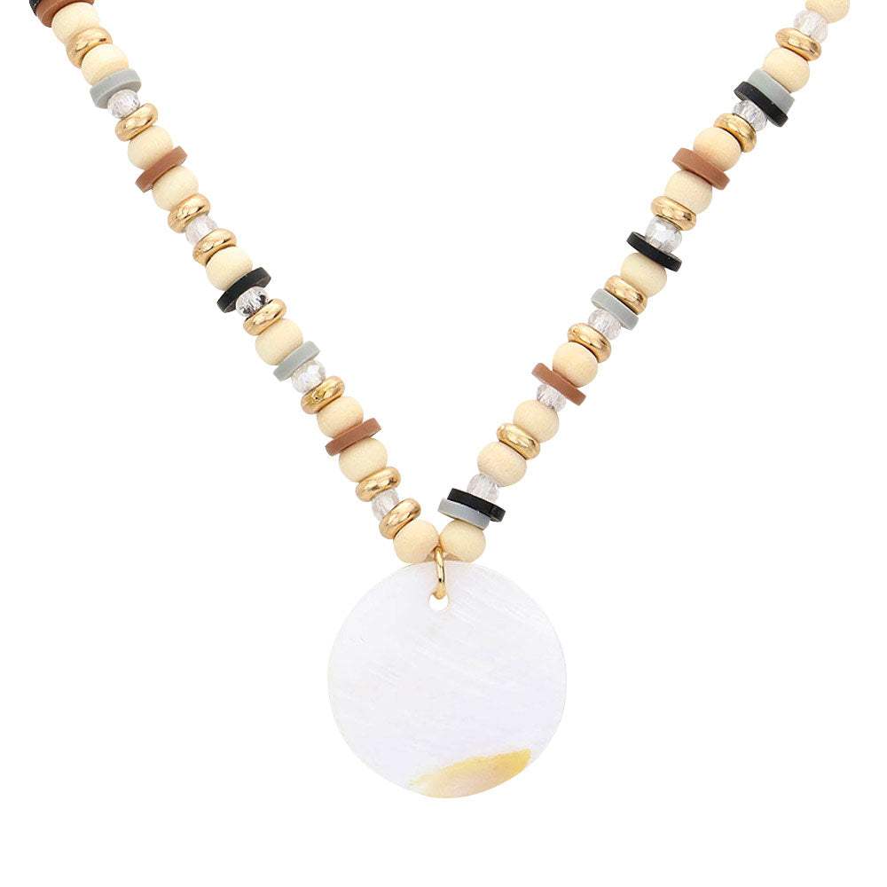 Wood Heishi Beaded Abalone Pendant Necklace - Madeline Love - Flyclothing LLC