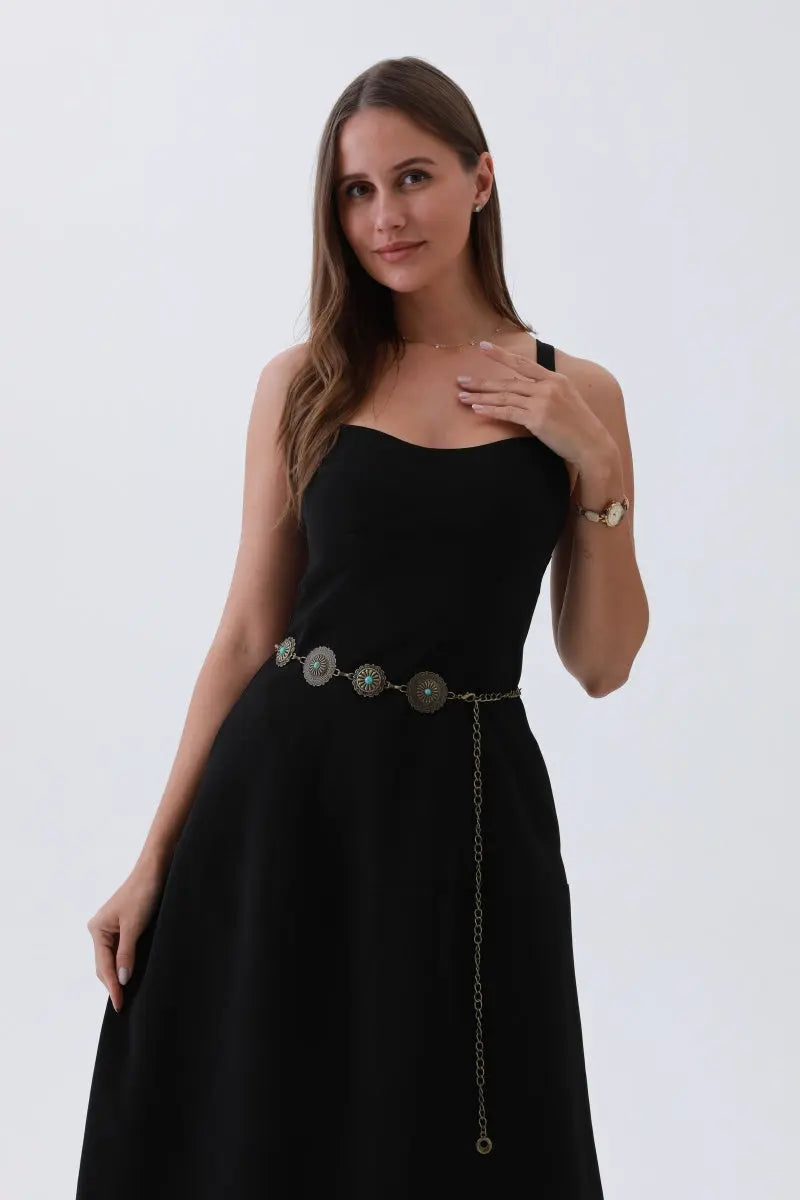 Boho Turquoise Chain Belt – Antique Bronze Buckle with Gemstone Accents✨