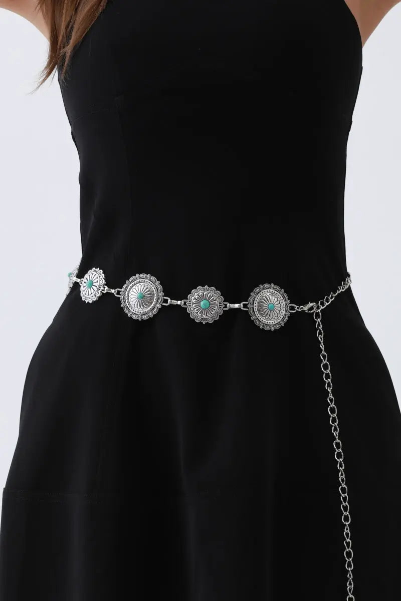 Boho Turquoise Chain Belt – Antique Bronze Buckle with Gemstone Accents✨
