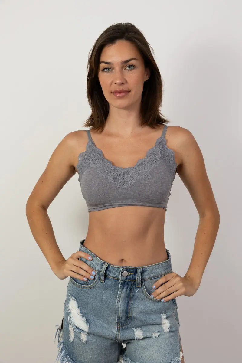 Comfort Chic Ribbed Lace Padded Bralette - Boho Clothing and Accessories - Flyclothing LLC