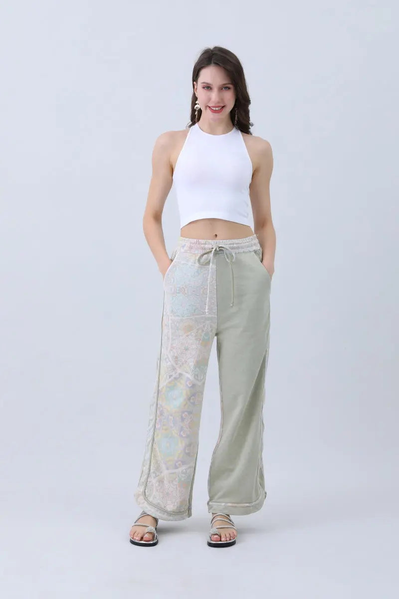 Boho Contrast Pants – Mismatched Legs & Tie-Waist for Lounging - Boho Clothing and Accessories - Flyclothing LLC