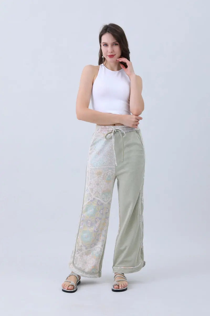Boho Contrast Pants – Mismatched Legs & Tie-Waist for Lounging - Boho Clothing and Accessories - Flyclothing LLC