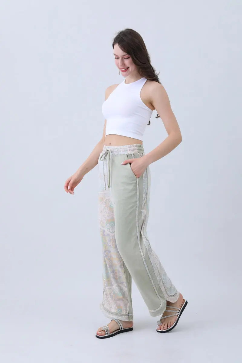 Boho Contrast Pants – Mismatched Legs & Tie-Waist for Lounging - Boho Clothing and Accessories - Flyclothing LLC