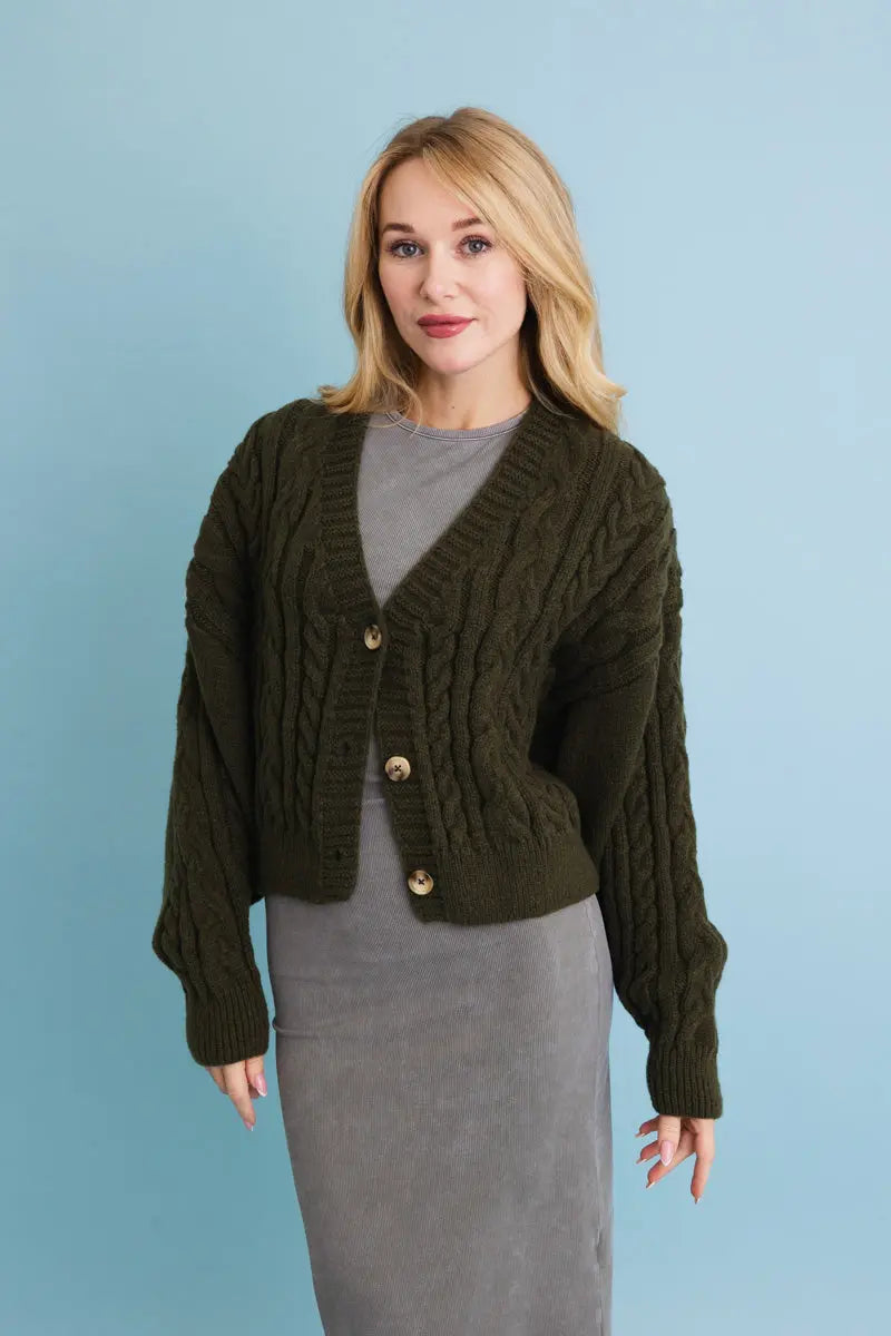 Chunky Cable Knit Button-Up Cropped Cardigan 🧥 - Boho Clothing and Accessories - Flyclothing LLC