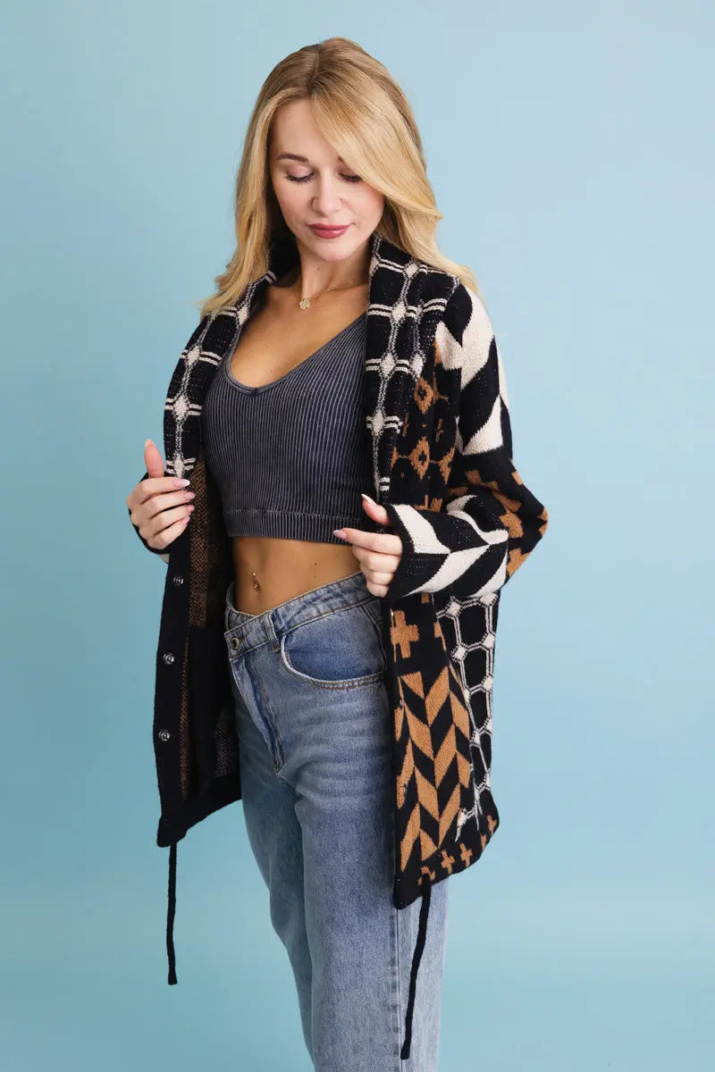 Sierra Spirit Geometric Street Style Knit Cardigan - Boho Clothing and Accessories - Flyclothing LLC