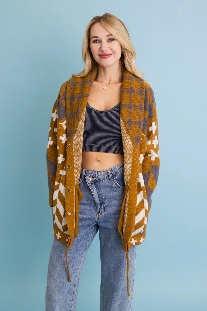 Sierra Spirit Geometric Street Style Knit Cardigan - Boho Clothing and Accessories - Flyclothing LLC