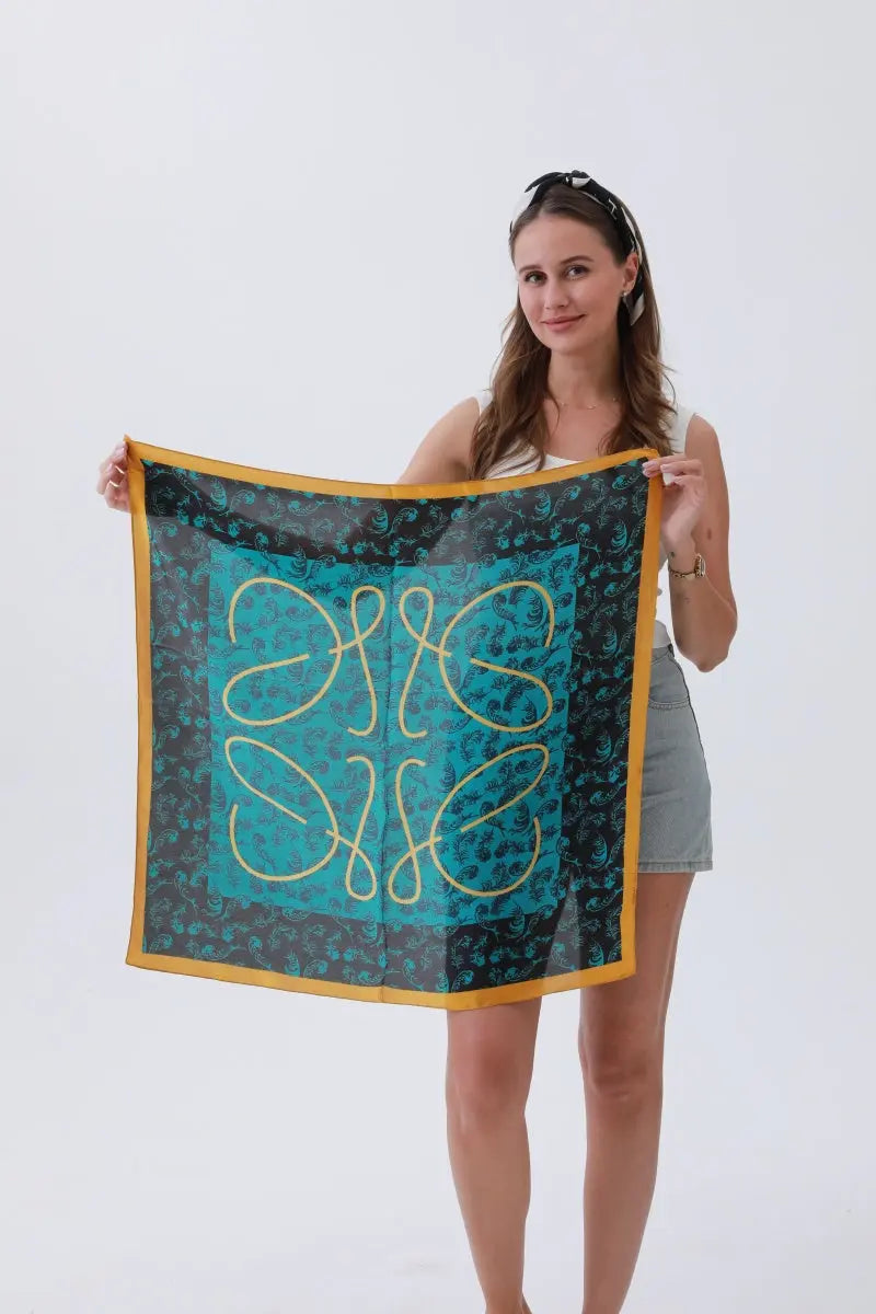 Turquoise Feather Bandana – Bohemian Silky Elegance🌿 - Boho Clothing and Accessories - Flyclothing LLC