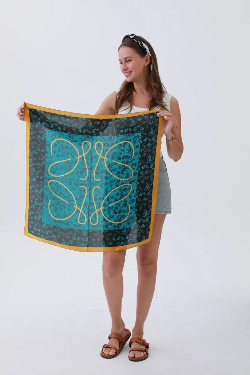 Turquoise Feather Bandana – Bohemian Silky Elegance🌿 - Boho Clothing and Accessories - Flyclothing LLC