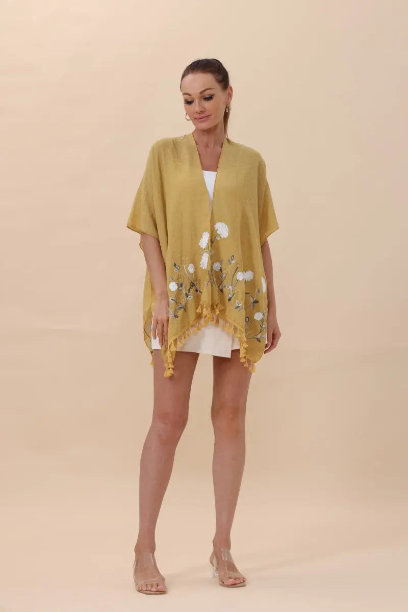 Floral Embroidered Tassel Hem Kimono Cardigan