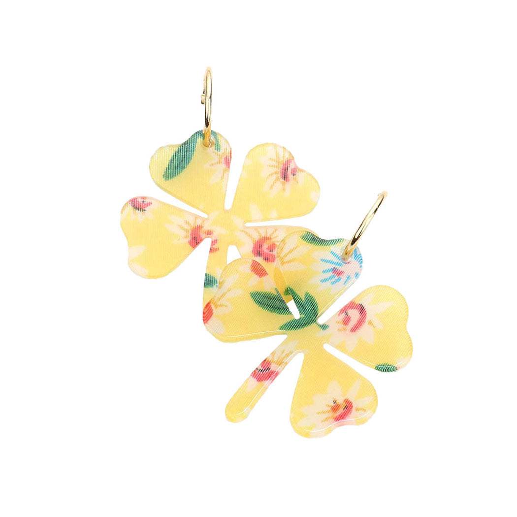 Flower Patterned Resin Clover Dangle Earrings - Madeline Love - Flyclothing LLC