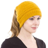 Cable Knit Ponytail Beanie Hat - Madeline Love - Flyclothing LLC