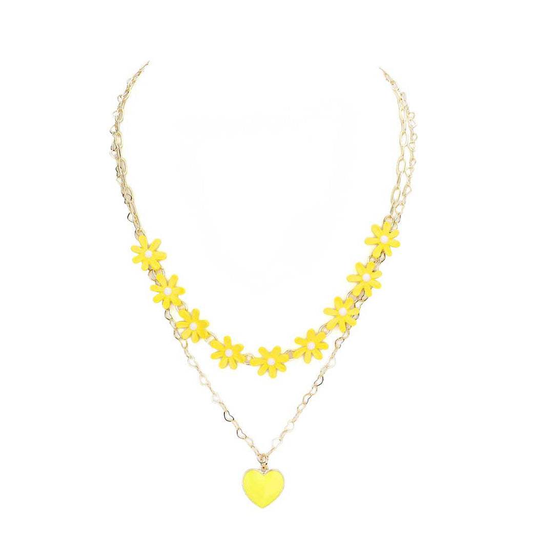 Enamel Heart Pendant Flower Link Double Layered Necklace - Madeline Love - Flyclothing LLC