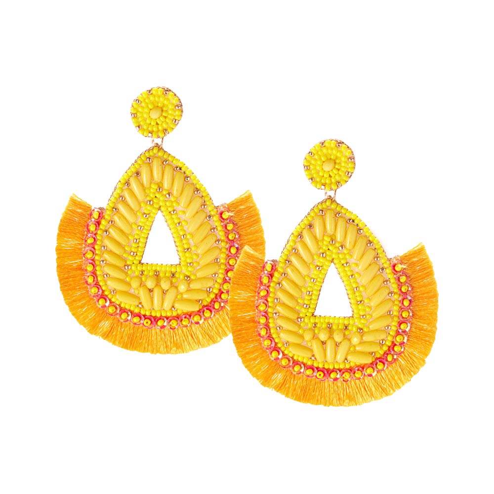 Felt Back Beaded Teardrop Thread Fringe Dangle Earrings - Madeline Love - Flyclothing LLC