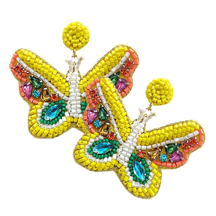 Felt Back Multi Stone Beaded Butterfly Dangle Earrings - Madeline Love - Flyclothing LLC
