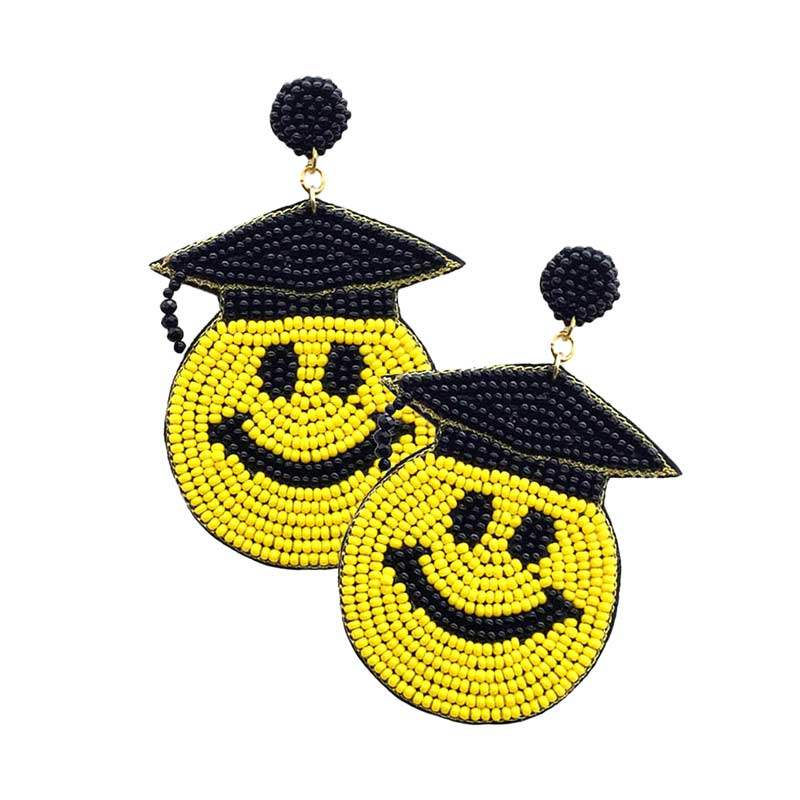 Felt Back Seed Beaded Graduation Smile Face Dangle Earrings - Madeline Love - Flyclothing LLC