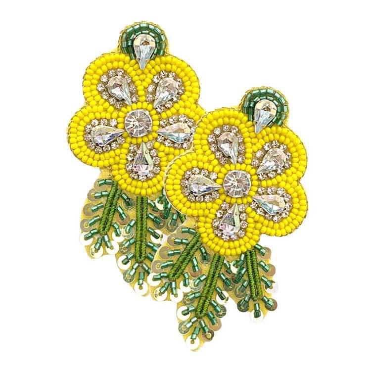 Felt Back Sequin Stone Seed Beaded Flower Leaf Earrings - Madeline Love - Flyclothing LLC
