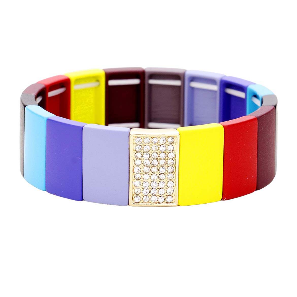 Colorful Wood Rectangle Rhinestone Pave Stretch Bracelet - Madeline Love - Flyclothing LLC