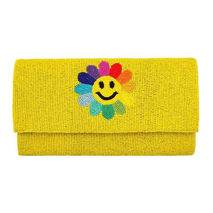 Smile Flower Accented Seed Beaded Clutch Crossbody Bag - Madeline Love - Flyclothing LLC